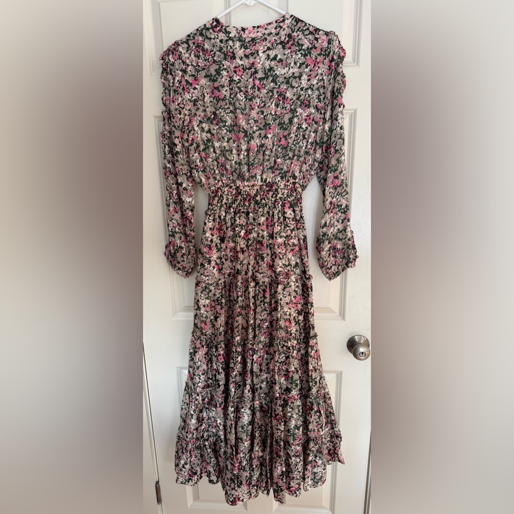 Ellie Tahari Abstract Tiered Floral Maxi V-neck Long Sleeve silk blend women S - Picture 2 of 7